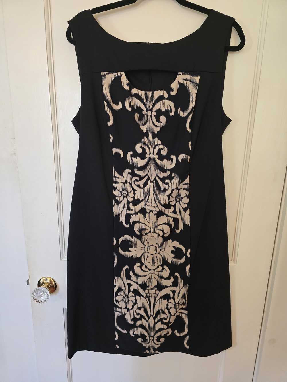 Black Sleeveless Shift Dress with Cream Damask Front Panel